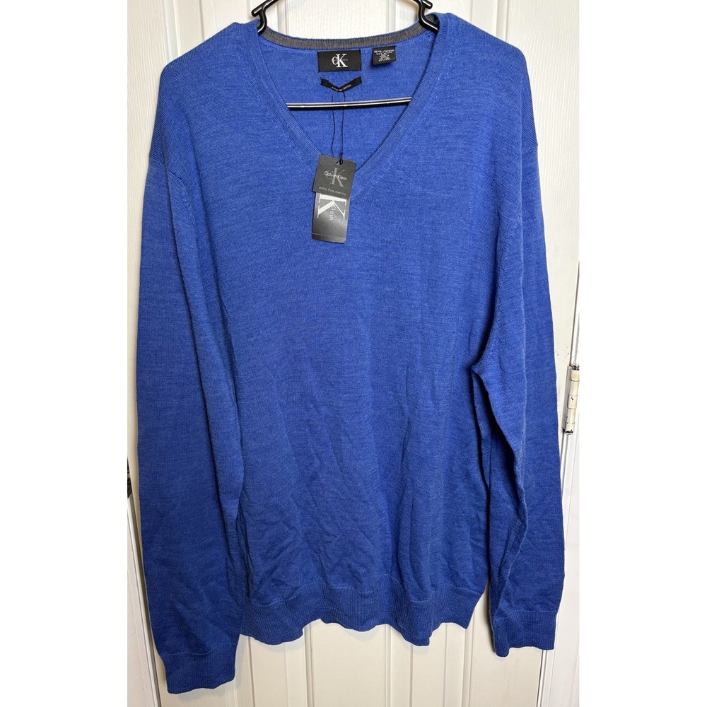 Calvin Klein 100% Merino Wool V-Neck Pullover Knit Sweater Men's 2XL Blue
